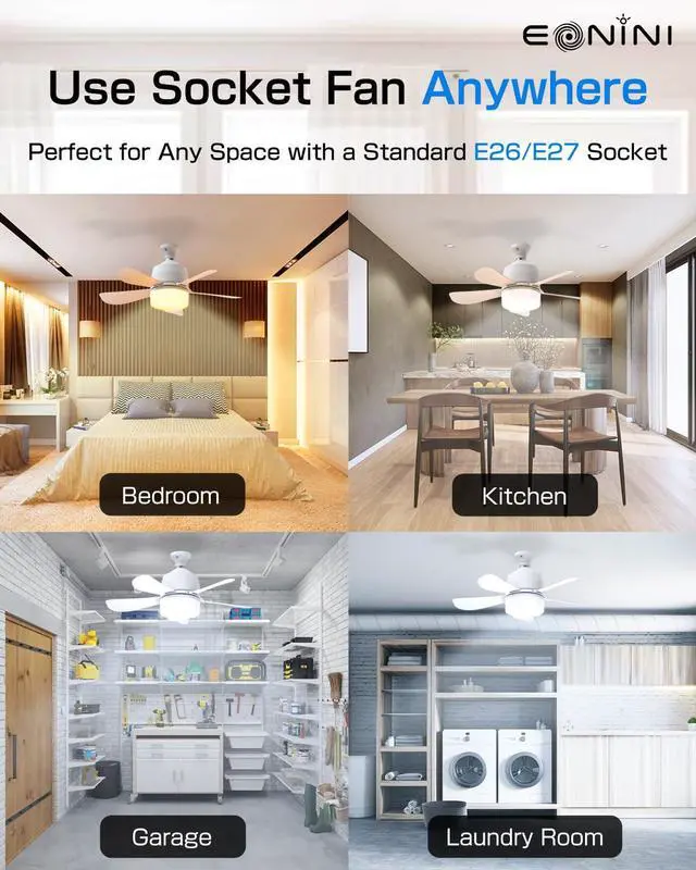 Alt view image 6 of 7 - Socket Fan Light with Remote, 16" Ultra-Quiet 5-Blade Small Ceiling Fan with Light, 1000LM 3-Color Dimmable LED, 3 Speeds & 5 Brightness Levels, Screw-in E26 Base for Garage Bedroom Kitchen