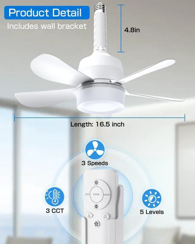 Alt view image 5 of 7 - Socket Fan Light with Remote, 16" Ultra-Quiet 5-Blade Small Ceiling Fan with Light, 1000LM 3-Color Dimmable LED, 3 Speeds & 5 Brightness Levels, Screw-in E26 Base for Garage Bedroom Kitchen