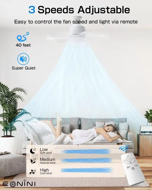 Alt view image 3 of 7 - Socket Fan Light with Remote, 16" Ultra-Quiet 5-Blade Small Ceiling Fan with Light, 1000LM 3-Color Dimmable LED, 3 Speeds & 5 Brightness Levels, Screw-in E26 Base for Garage Bedroom Kitchen