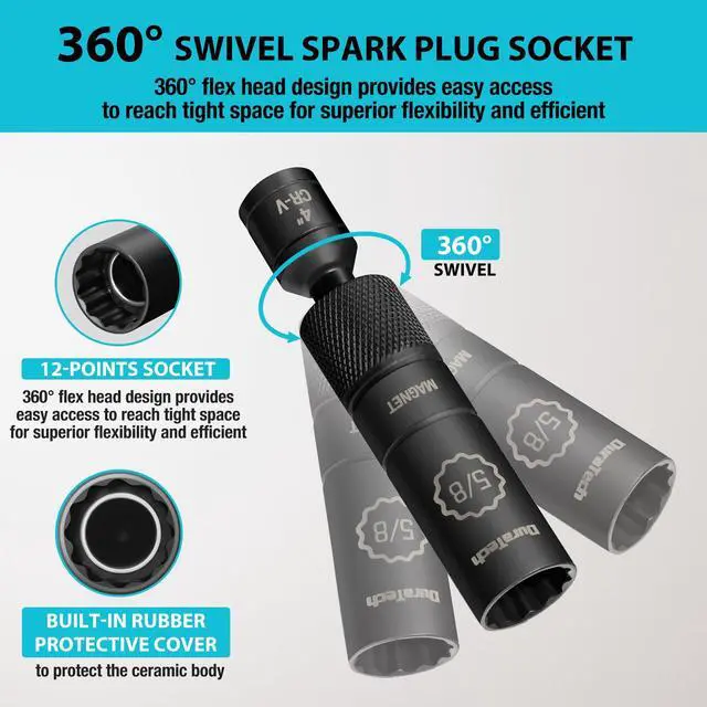 Alt view image 4 of 7 - 5/8" Swivel Magnetic Spark Plug Socket, 1MM Thin Wall Spark Plugs Socket with 12-Point, Enhanced Magnetic Head & Manganese Phosphate Coating, 3/8" Drive x 4" Total Length, Cr-V Steel Made