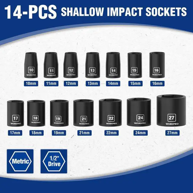Alt view image 2 of 7 - 1/2 Drive Shallow Impact Socket Set, Metric Cr-V Steel 6-Point Socket Set with Storage Case for Automotive Maintenance and Repairs (14PCS 10-27mm)