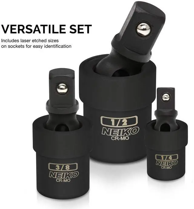 Alt view image 4 of 6 - 02486A Impact Universal Joint-Socket Swivel Set, Socket Extension Set Made From Cr-Mo with Included 1/4-, 3/8-, and 1/2-Inch Sockets, Set of 3
