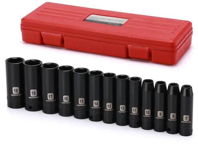 Main image of 13 Pieces 3/8-Inch Drive Deep Impact Socket Set, 7mm to 19mm, CR-V, Metric, 6 Point, Deep, 13 Pieces 3/8" Dr. Socket
