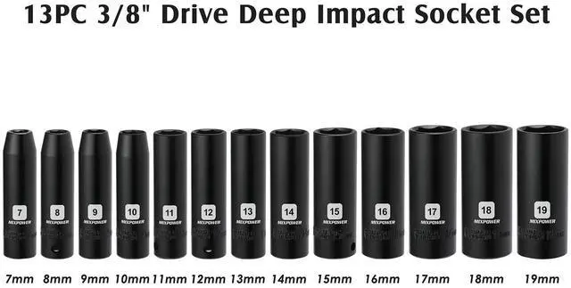 Alt view image 3 of 7 - 13 Pieces 3/8-Inch Drive Deep Impact Socket Set, 7mm to 19mm, CR-V, Metric, 6 Point, Deep, 13 Pieces 3/8" Dr. Socket