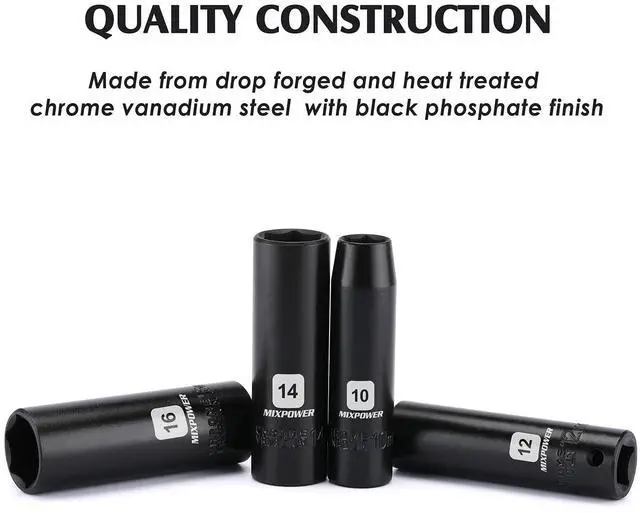 Alt view image 4 of 7 - 13 Pieces 3/8-Inch Drive Deep Impact Socket Set, 7mm to 19mm, CR-V, Metric, 6 Point, Deep, 13 Pieces 3/8" Dr. Socket