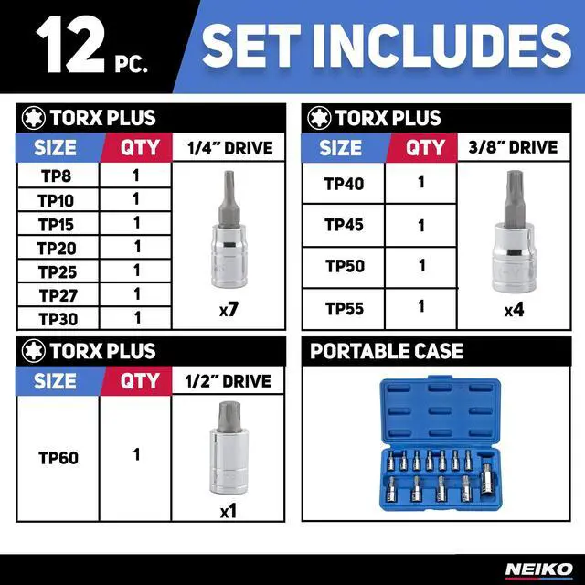Alt view image 5 of 6 - 10086A 6 Point Torx Plus Bit Socket Set, 1/4-Inch, 3/8-Inch and 1/2-Inch Drive, TP8 - TP60, 12-Piece