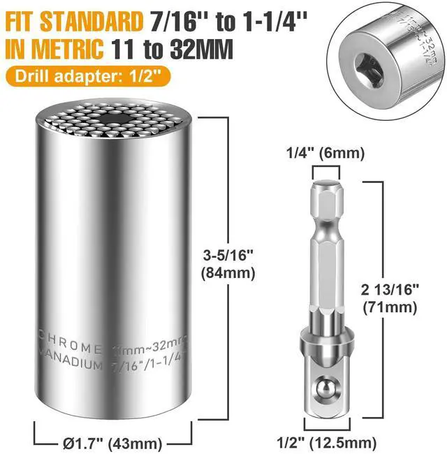 Alt view image 2 of 7 - Universal Socket Set(11-32mm 7-19mm) for Unscrew Any Bolt Multi-Function Universal Socket Tool with 3/8" 1/2" Power Drill Adapters Birthday Gift for Dad, Husband, Man, Handyman, Father Gadgets