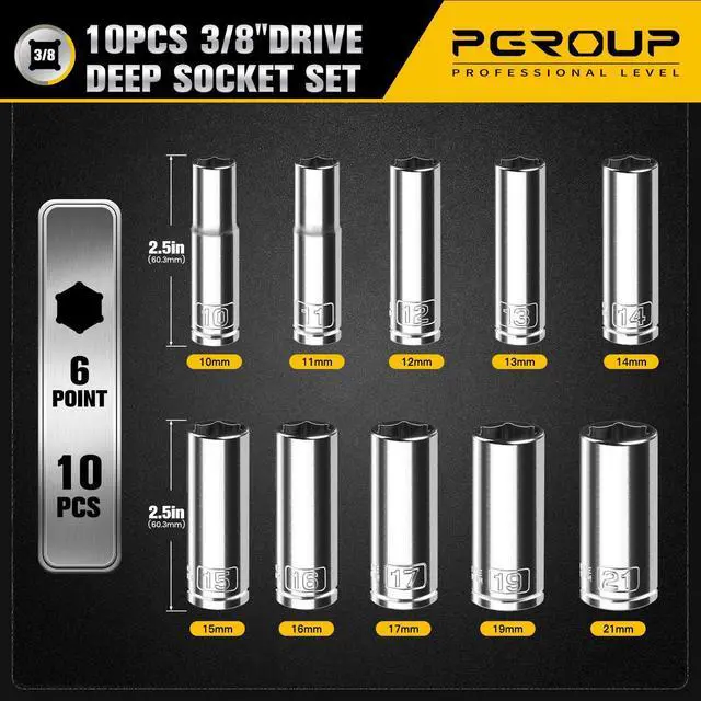 Alt view image 2 of 7 - 10PCS 3/8 Drive Deep Socket Set, Metric(10mm-21mm), 6-Point, Cr-V Steel, Chrome Plated Socket With Hanging Bracket, Cover Most Commonly Sizes