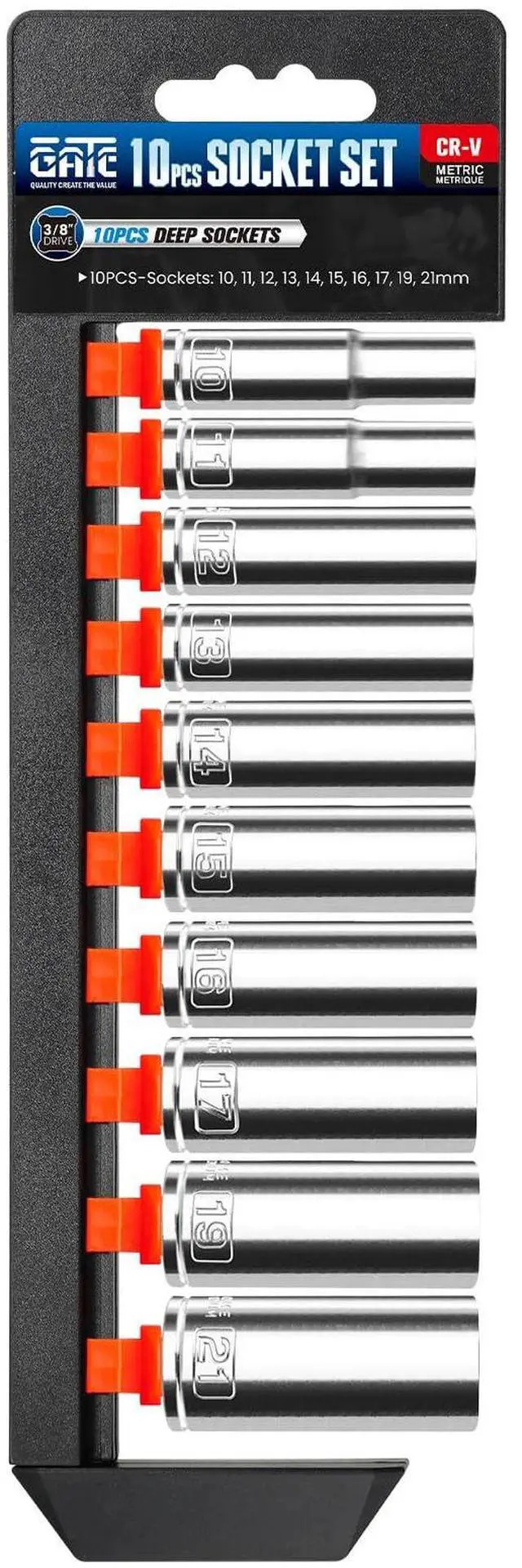 Main image of 10PCS 3/8 Drive Deep Socket Set, Metric(10mm-21mm), 6-Point, Cr-V Steel, Chrome Plated Socket With Hanging Bracket, Cover Most Commonly Sizes