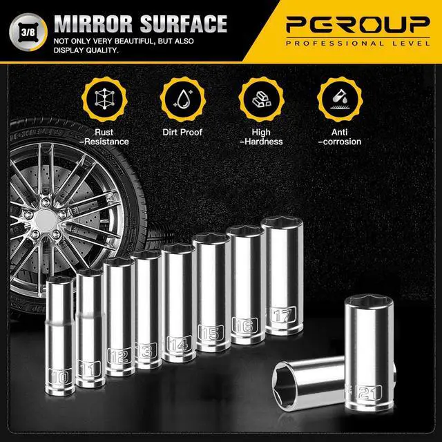 Alt view image 5 of 7 - 10PCS 3/8 Drive Deep Socket Set, Metric(10mm-21mm), 6-Point, Cr-V Steel, Chrome Plated Socket With Hanging Bracket, Cover Most Commonly Sizes
