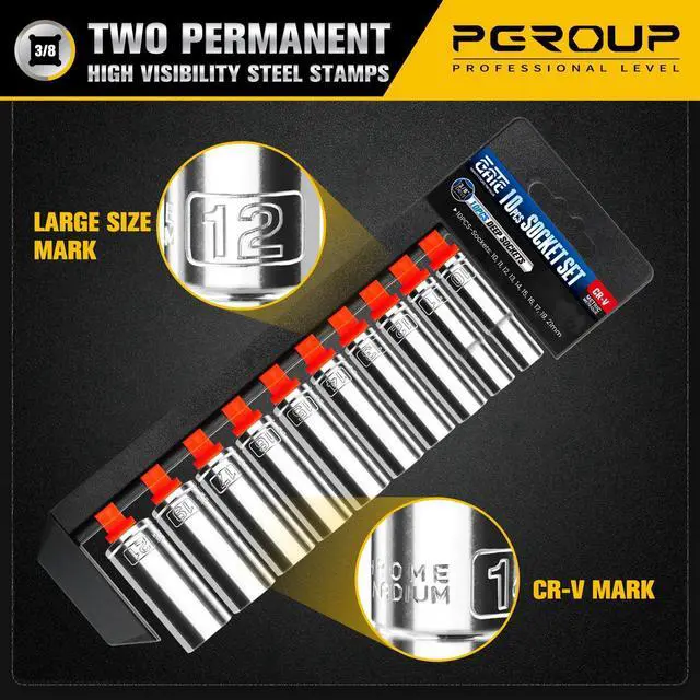 Alt view image 4 of 7 - 10PCS 3/8 Drive Deep Socket Set, Metric(10mm-21mm), 6-Point, Cr-V Steel, Chrome Plated Socket With Hanging Bracket, Cover Most Commonly Sizes