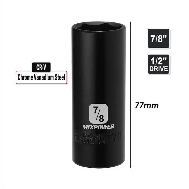 Alt view image 4 of 7 - 1/2-Inch Drive Deep Impact Socket - 7/8 Inch, SAE, CR-V, Deep, 1/2"Dr. 6 Point Socket
