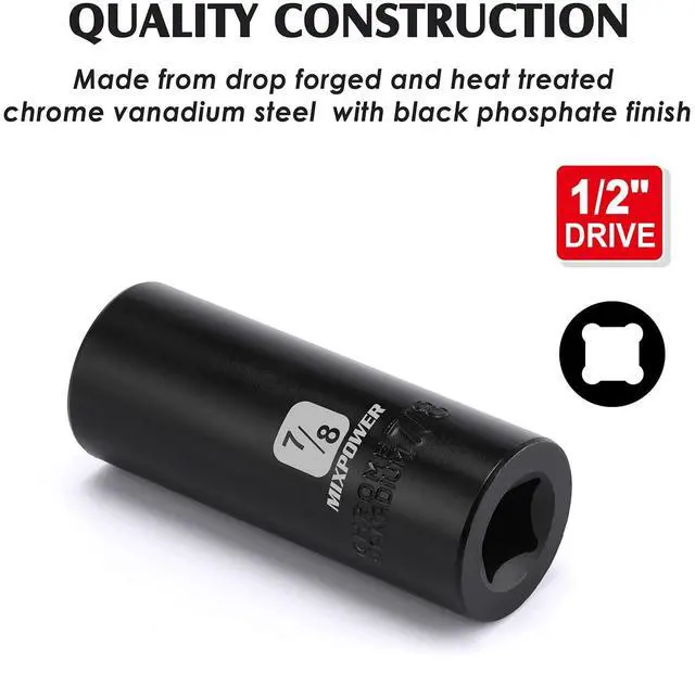 Alt view image 5 of 7 - 1/2-Inch Drive Deep Impact Socket - 7/8 Inch, SAE, CR-V, Deep, 1/2"Dr. 6 Point Socket