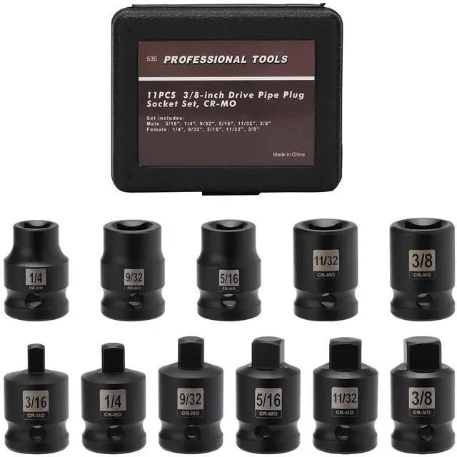 Main image of 11PCS 3/8" Drive SAE Pipe Plug Socket Set, Tapered Male Square Drive, Chamfered Female Square Drive, CR-MO