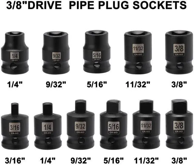 Alt view image 2 of 7 - 11PCS 3/8" Drive SAE Pipe Plug Socket Set, Tapered Male Square Drive, Chamfered Female Square Drive, CR-MO