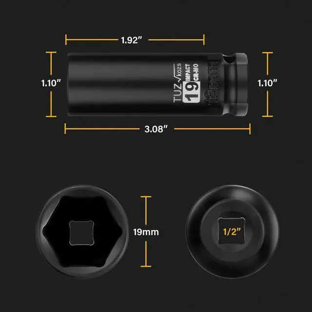 Alt view image 2 of 7 - 1/2 Inch Drive 19mm Deep Metric Impact Socket,CR-MO,6 Point Radius Corner Design,Square Chamfered Opening,Axle Nut Impact Grade Socket for Easy Removal