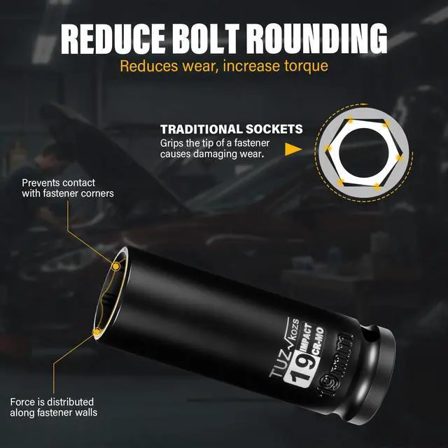 Alt view image 4 of 7 - 1/2 Inch Drive 19mm Deep Metric Impact Socket,CR-MO,6 Point Radius Corner Design,Square Chamfered Opening,Axle Nut Impact Grade Socket for Easy Removal