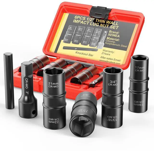 Main image of 6PCS Thin Wall Lug Nut Impact Socket Set, 1/2" Drive Impact Flip Socket Set, 8 in 1 Dual End Wheel Tire Nut Sockets Metric 17 19 21 22 mm & SAE 3/4" 13/16" 7/8" 15/16", Impact CR-MO Tool