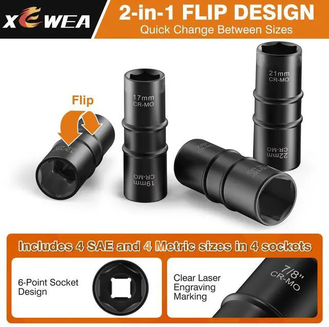 Alt view image 3 of 7 - 6PCS Thin Wall Lug Nut Impact Socket Set, 1/2" Drive Impact Flip Socket Set, 8 in 1 Dual End Wheel Tire Nut Sockets Metric 17 19 21 22 mm & SAE 3/4" 13/16" 7/8" 15/16", Impact CR-MO Tool