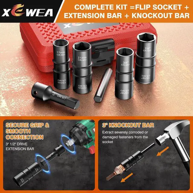 Alt view image 4 of 7 - 6PCS Thin Wall Lug Nut Impact Socket Set, 1/2" Drive Impact Flip Socket Set, 8 in 1 Dual End Wheel Tire Nut Sockets Metric 17 19 21 22 mm & SAE 3/4" 13/16" 7/8" 15/16", Impact CR-MO Tool