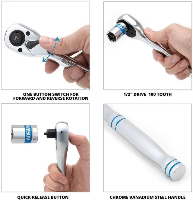 Alt view image 3 of 6 - 03117A 1/2 Inch Ratchet Wrench, 100-Tooth Reversible Ratchet, 3.6 Degree, Quick Release 1/2 Drive Ratchet, 10" Long Handle Ratchet, Oval Head Socket Wrench, CR-V Steel Half Inch Rachet Wrench