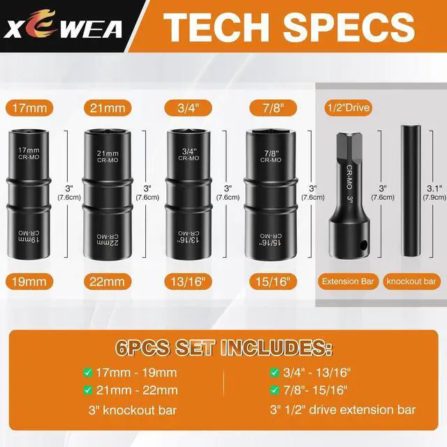 Alt view image 2 of 7 - 6PCS Thin Wall Lug Nut Impact Socket Set, 1/2" Drive Impact Flip Socket Set, 8 in 1 Dual End Wheel Tire Nut Sockets Metric 17 19 21 22 mm & SAE 3/4" 13/16" 7/8" 15/16", Impact CR-MO Tool