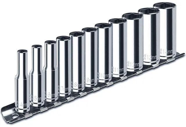 Main image of 1/4" Drive Deep Socket Set, 11PCS Metric Size Socket Set (4mm-14mm), 6-Point Design, Equipped with Storage Holder, Chrome Vanadium Steel