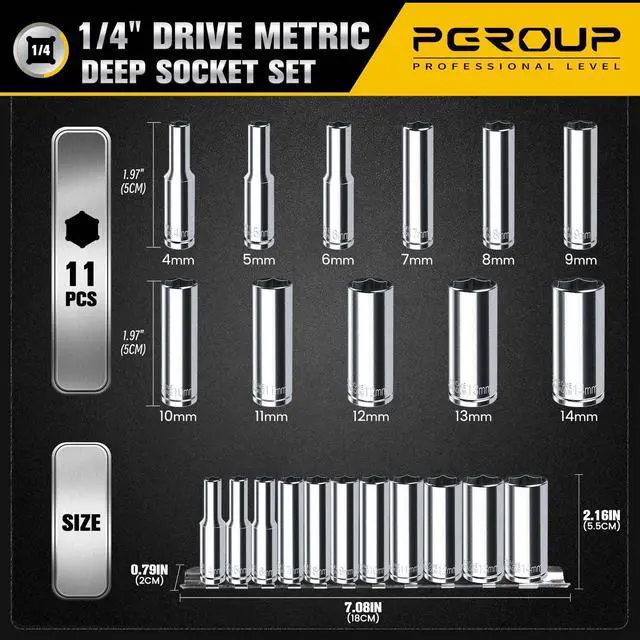 Alt view image 2 of 7 - 1/4" Drive Deep Socket Set, 11PCS Metric Size Socket Set (4mm-14mm), 6-Point Design, Equipped with Storage Holder, Chrome Vanadium Steel