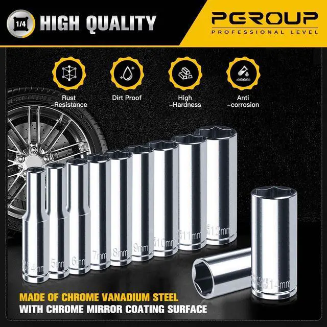 Alt view image 5 of 7 - 1/4" Drive Deep Socket Set, 11PCS Metric Size Socket Set (4mm-14mm), 6-Point Design, Equipped with Storage Holder, Chrome Vanadium Steel