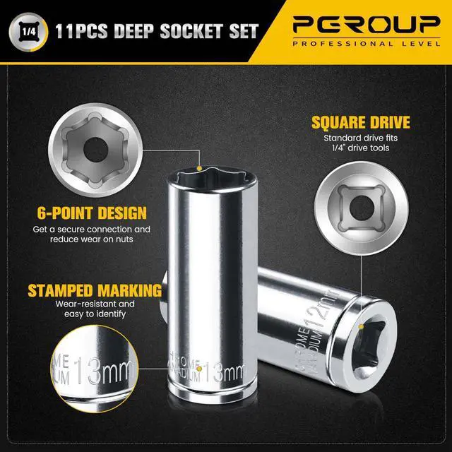 Alt view image 4 of 7 - 1/4" Drive Deep Socket Set, 11PCS Metric Size Socket Set (4mm-14mm), 6-Point Design, Equipped with Storage Holder, Chrome Vanadium Steel