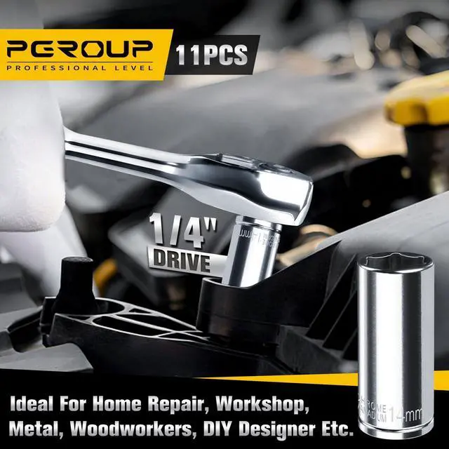 Alt view image 6 of 7 - 1/4" Drive Deep Socket Set, 11PCS Metric Size Socket Set (4mm-14mm), 6-Point Design, Equipped with Storage Holder, Chrome Vanadium Steel