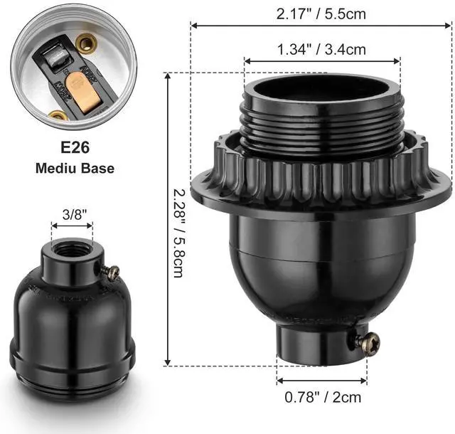 Alt view image 3 of 7 - Keyless Socket Replacement with Shade Ring, E26 Pendant Light Socket, Medium Base, Bulb Holder for Table & Floor Lamps, Hanging Socket, Black, UL Listed, 1-Pack