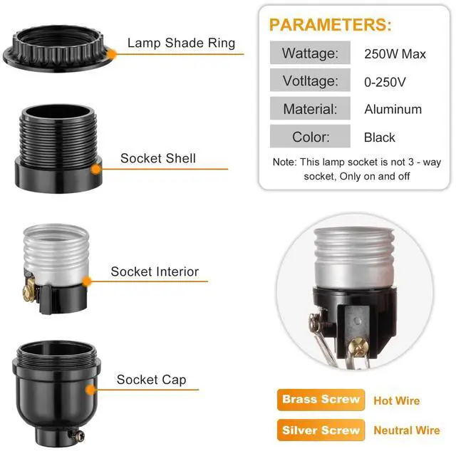 Alt view image 2 of 7 - Keyless Socket Replacement with Shade Ring, E26 Pendant Light Socket, Medium Base, Bulb Holder for Table & Floor Lamps, Hanging Socket, Black, UL Listed, 1-Pack