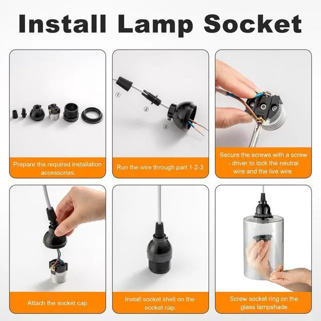 Alt view image 5 of 7 - Keyless Socket Replacement with Shade Ring, E26 Pendant Light Socket, Medium Base, Bulb Holder for Table & Floor Lamps, Hanging Socket, Black, UL Listed, 1-Pack
