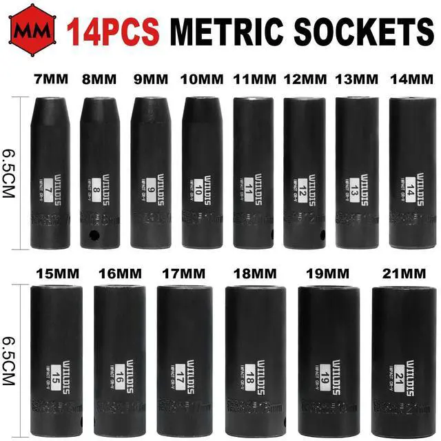 Alt view image 3 of 7 - 14 Pieces 3/8-Inch Drive Deep Impact Socket Set, 7mm to 21mm, CR-V, Metric, 6-Point, 14 Pieces 3/8" Dr. Socket