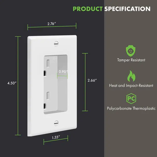 Alt view image 5 of 7 - Recessed Duplex Receptacle Outlet, Tamper-Resistant, Size 1-Gang 4.48" x 2.76", 15A 125V, TG15RD31-2PCS, White, 2 Pack
