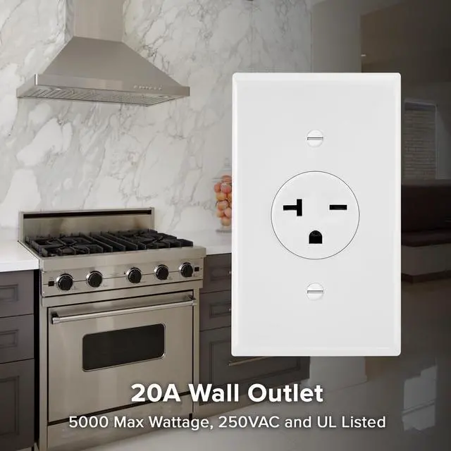Alt view image 4 of 7 - 20A Single Receptacle Outlet - 2 Pack, 250 VAC Commercial Grade White Electrical Outlet for Appliances, NEMA 6-20, UL Listed, Wall Plates Included, Ideal for Construction and Renovations