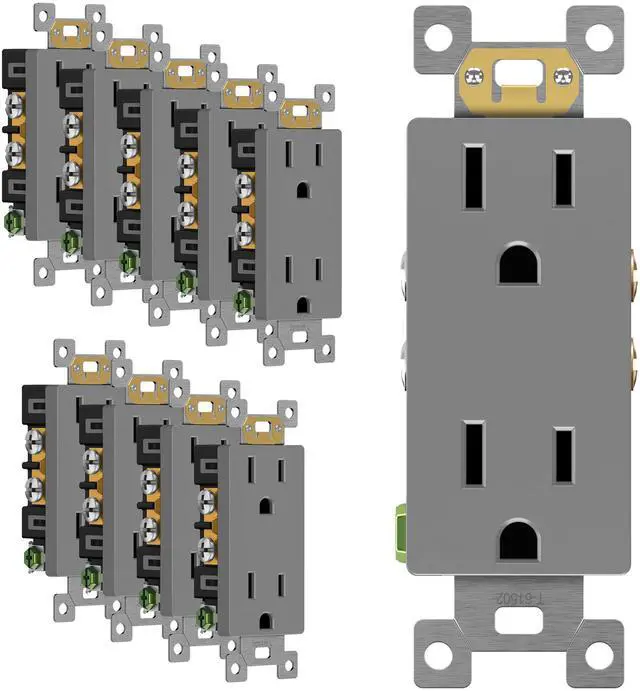 Main image of Gray Decorator Receptacle, Standard Electrical Wall Outlet, 15A 125V, Self-Grounding, 2-Pole, 3-Wire, 5-15R, UL Listed, 61502-GY, 10 Pack, Non Tamper Resistant