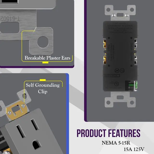 Alt view image 2 of 7 - Gray Decorator Receptacle, Standard Electrical Wall Outlet, 15A 125V, Self-Grounding, 2-Pole, 3-Wire, 5-15R, UL Listed, 61502-GY, 10 Pack, Non Tamper Resistant