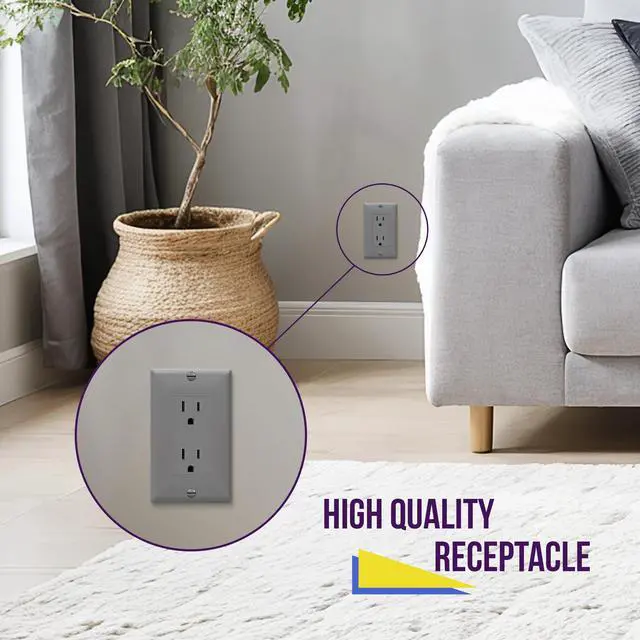 Alt view image 6 of 7 - Gray Decorator Receptacle, Standard Electrical Wall Outlet, 15A 125V, Self-Grounding, 2-Pole, 3-Wire, 5-15R, UL Listed, 61502-GY, 10 Pack, Non Tamper Resistant