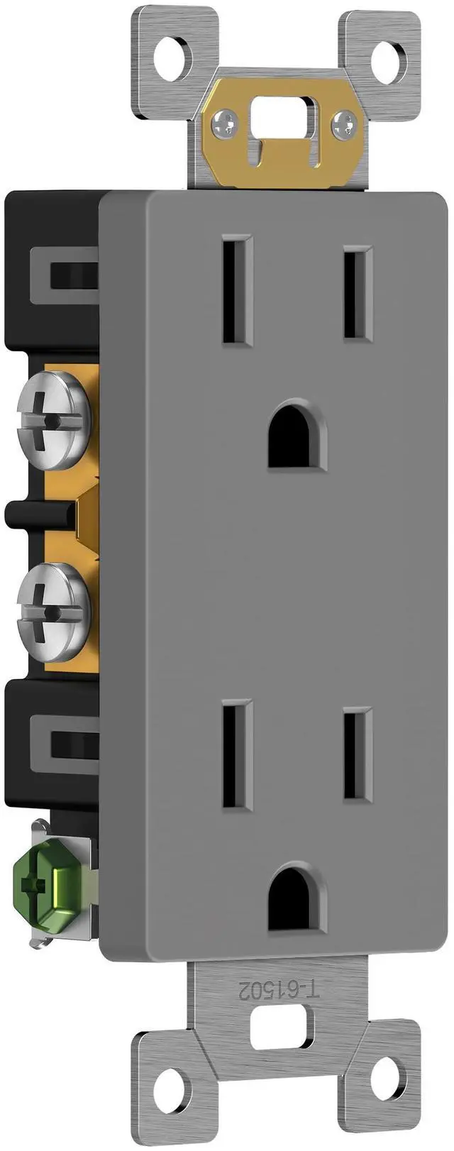 Alt view image 7 of 7 - Gray Decorator Receptacle, Standard Electrical Wall Outlet, 15A 125V, Self-Grounding, 2-Pole, 3-Wire, 5-15R, UL Listed, 61502-GY, 10 Pack, Non Tamper Resistant