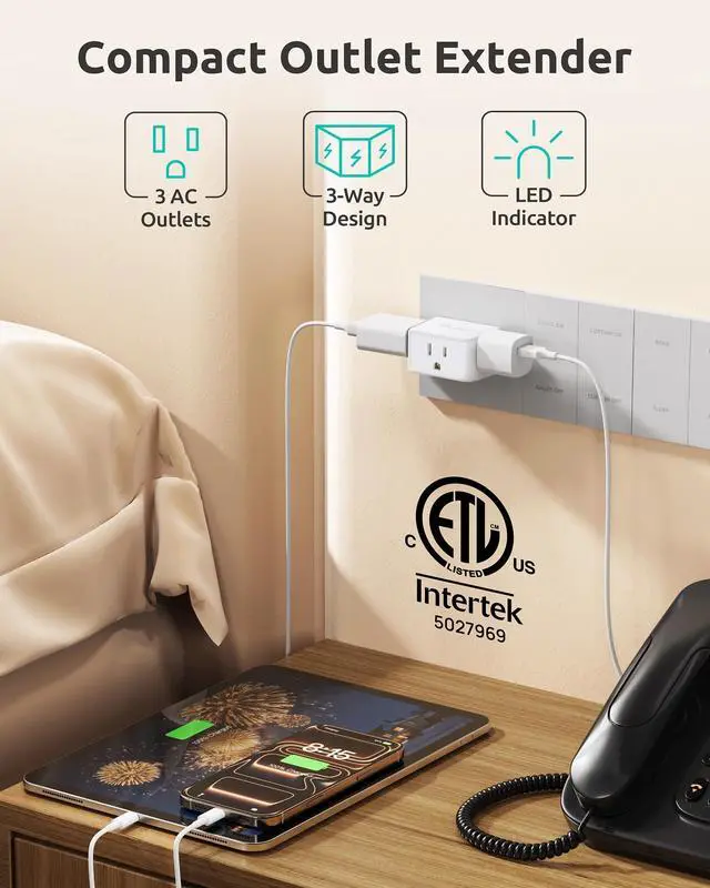 Alt view image 4 of 7 - Outlet Extender, ETL Listed, Multi Outlet Wall Plug Extender with 3 Outlets, 3 Way Plug Extension Outlet Splitter, Cruise Ship Essentials, Easy to Pack for Travel, Business Trips, Hotel, White