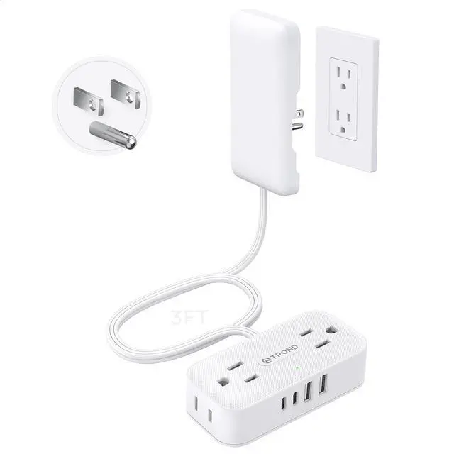 Main image of 3FT Flat Extension Cord with Ultra-Thin Outlet Cover, Flat Wall Plug Power Strip with 4 AC 4 USB Ports, Hidden Outlet Extender for Tight Spaces, 10A/1250W, 900J Surge Protection, White