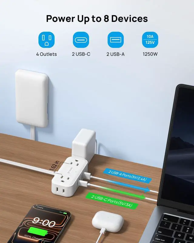 Alt view image 2 of 7 - 3FT Flat Extension Cord with Ultra-Thin Outlet Cover, Flat Wall Plug Power Strip with 4 AC 4 USB Ports, Hidden Outlet Extender for Tight Spaces, 10A/1250W, 900J Surge Protection, White