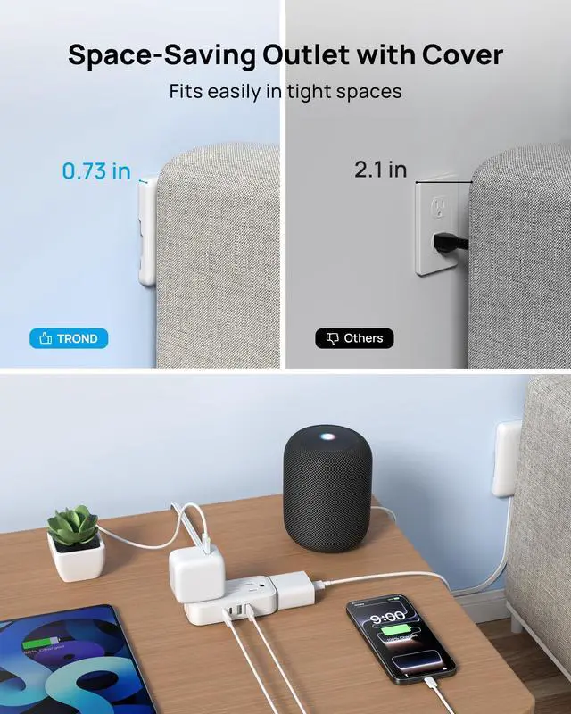 Alt view image 5 of 7 - 3FT Flat Extension Cord with Ultra-Thin Outlet Cover, Flat Wall Plug Power Strip with 4 AC 4 USB Ports, Hidden Outlet Extender for Tight Spaces, 10A/1250W, 900J Surge Protection, White