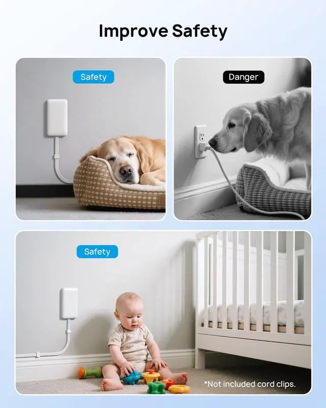 Alt view image 7 of 7 - 3FT Flat Extension Cord with Ultra-Thin Outlet Cover, Flat Wall Plug Power Strip with 4 AC 4 USB Ports, Hidden Outlet Extender for Tight Spaces, 10A/1250W, 900J Surge Protection, White