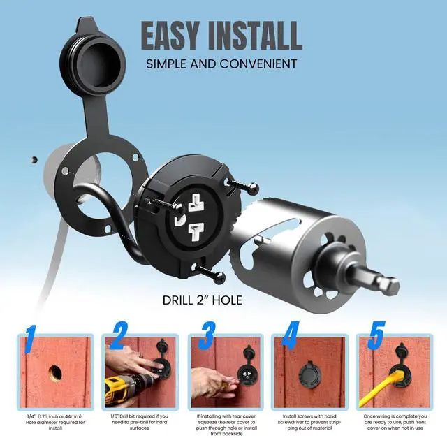 Alt view image 5 of 7 - 15A/20A Weatherproof Outdoor Power Outlet, Receptacle Outlet,125 Volt NEMA 5-15R, Outdoor Electrical Outlet with Integrated 20-Inch Outdoor Extension Cord 12AWG, Outdoor Outlet Cover