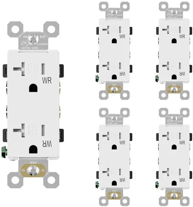 Main image of Glossy White Decorator Wall Receptacle Outlets, TR Tamper Resistant & WR Weather Resistant Outlet, 20 Amp Electrical Outlets, Self-grounding, 125V, 2 Pole 3 Wire, 5-20R, UL Listed, 5 Pack