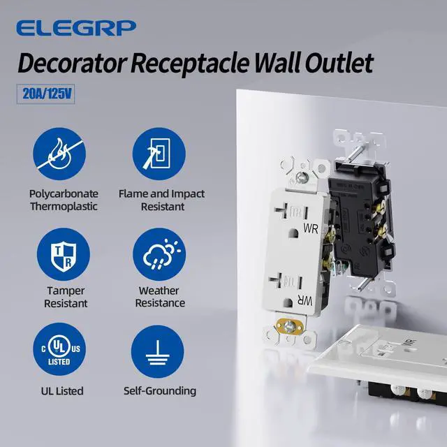 Alt view image 2 of 7 - Glossy White Decorator Wall Receptacle Outlets, TR Tamper Resistant & WR Weather Resistant Outlet, 20 Amp Electrical Outlets, Self-grounding, 125V, 2 Pole 3 Wire, 5-20R, UL Listed, 5 Pack