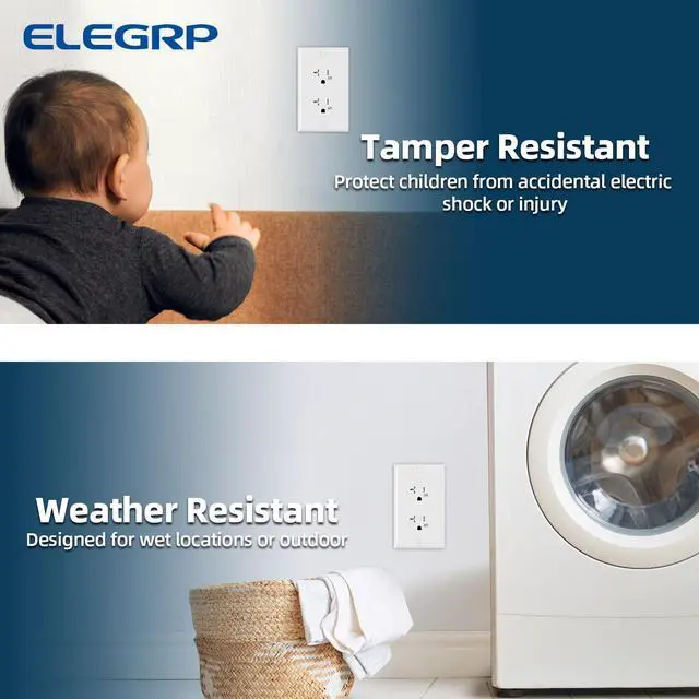 Alt view image 4 of 7 - Glossy White Decorator Wall Receptacle Outlets, TR Tamper Resistant & WR Weather Resistant Outlet, 20 Amp Electrical Outlets, Self-grounding, 125V, 2 Pole 3 Wire, 5-20R, UL Listed, 5 Pack